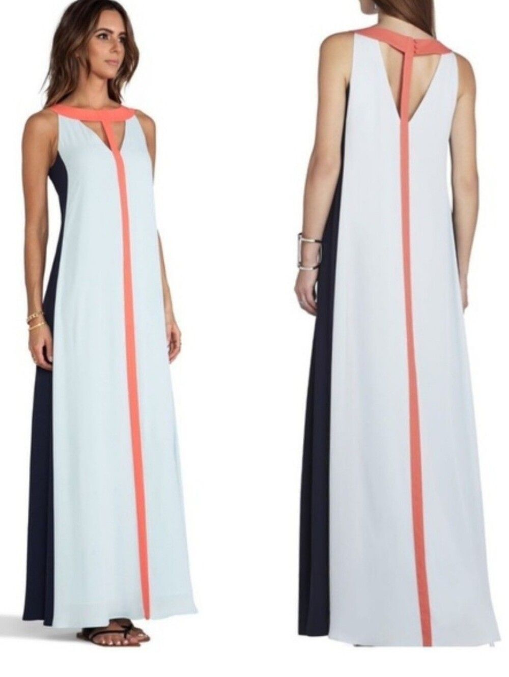 BCBGMaxazria Wilah Sleeveless Sterling Blue,Navy,Coral Combo Maxi Dress Sz Small